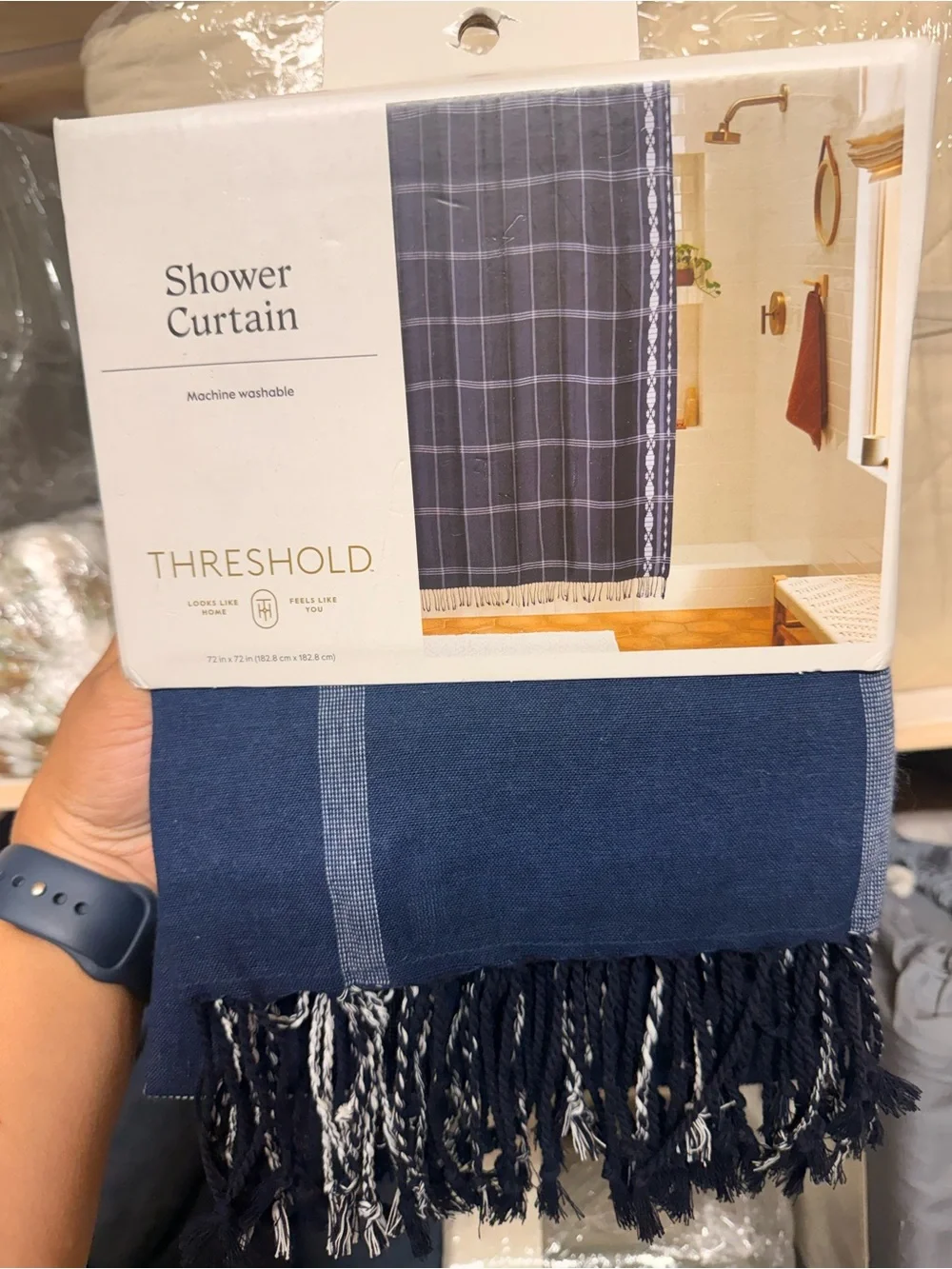 Americana Diamond Border Shower Curtain Blue - Threshold NEW